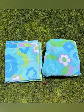 VTG Wamsutta Ultracale Flower Power Mod Queen Sheet Set Blue Green Retro 60s 70s
